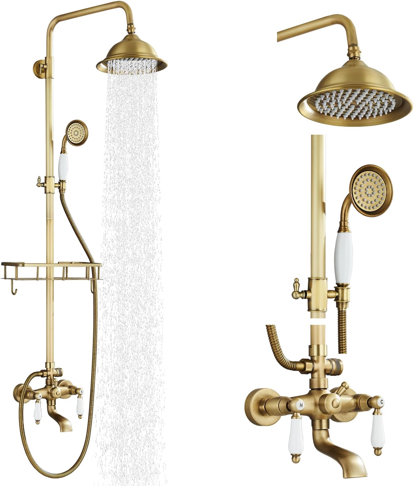 Antique Brass Shower System Outdoor Shower Fixtures with 8 Inch Rain Shower Head and Double Cross Handles Bathroom Shower Faucet Set