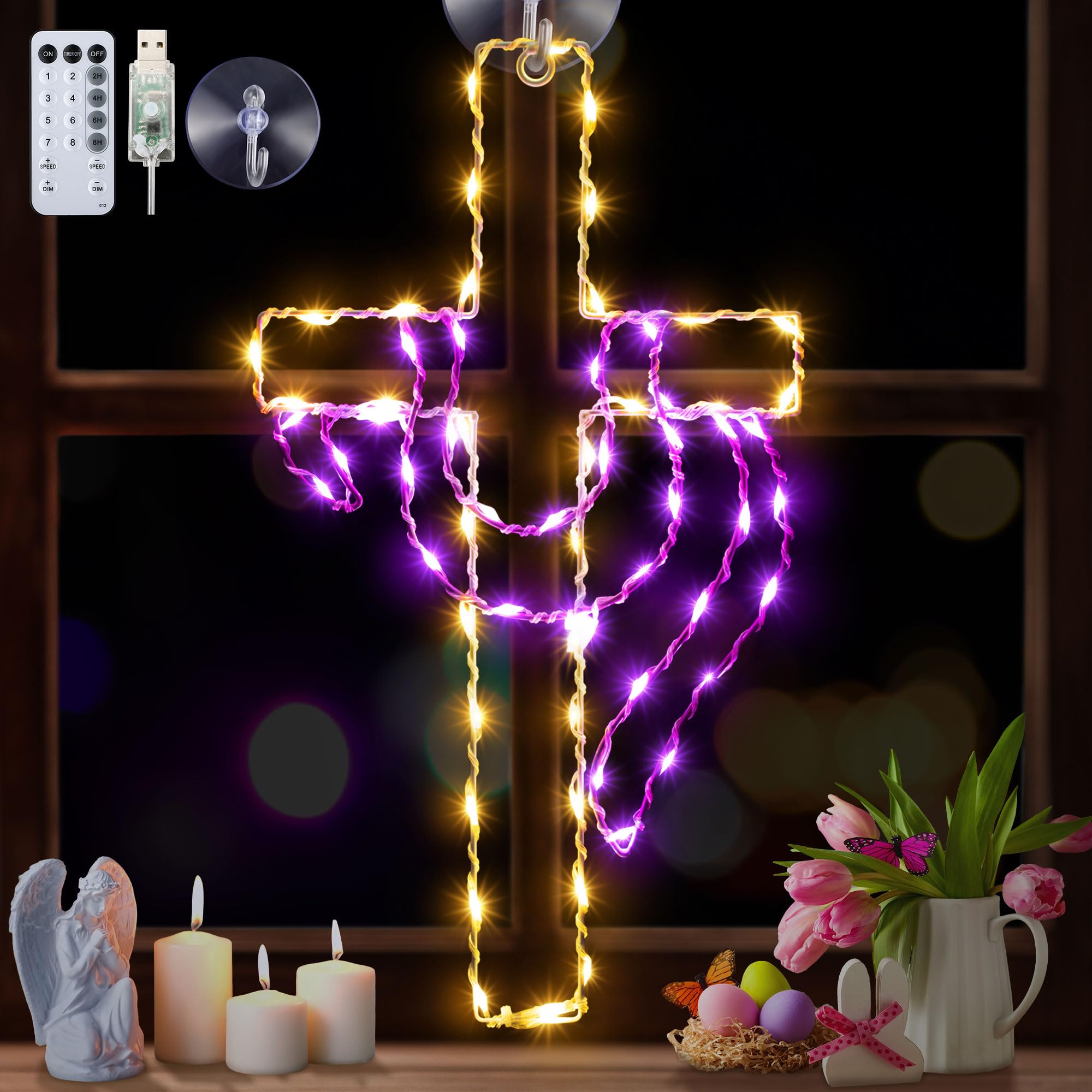 Photo 1 of 16 Inch Easter Cross Window Lights Decorations, 8 Lighting Modes Easter Window Lights, Light Up Jesus Cross Sign Decor for Wall Door Glass Window Decoration