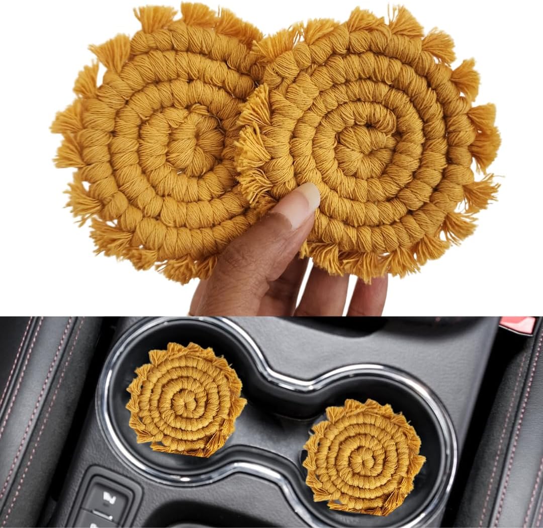 Cotton Car Coasters 2pc Car Cup Coasters Cute car Accessories for Women TIK tok Must Haves 2024 car Coasters for Cup Holders (Sunshine Yellow)