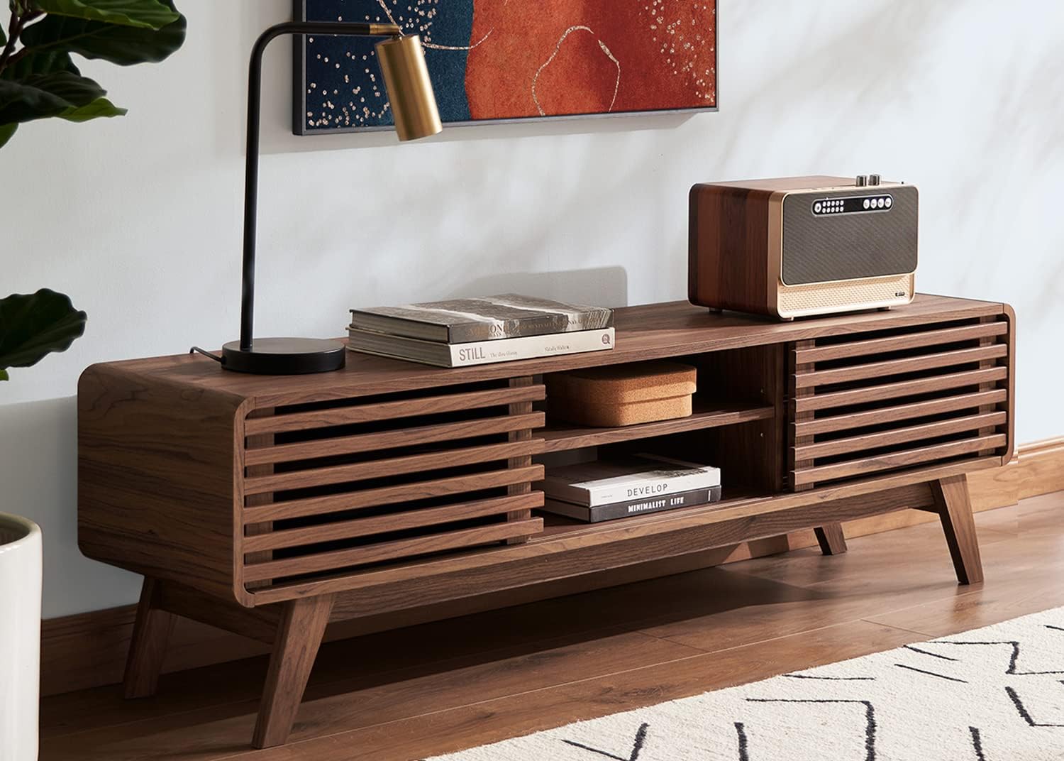 mopio Entry TV Stand, Mid Century Modern TV Stand for 55", 60", 65" TV, Farmhouse TV Stand, Entertainment Center, Storage for TV and Media Consol, Living Room (Walnut, 59")