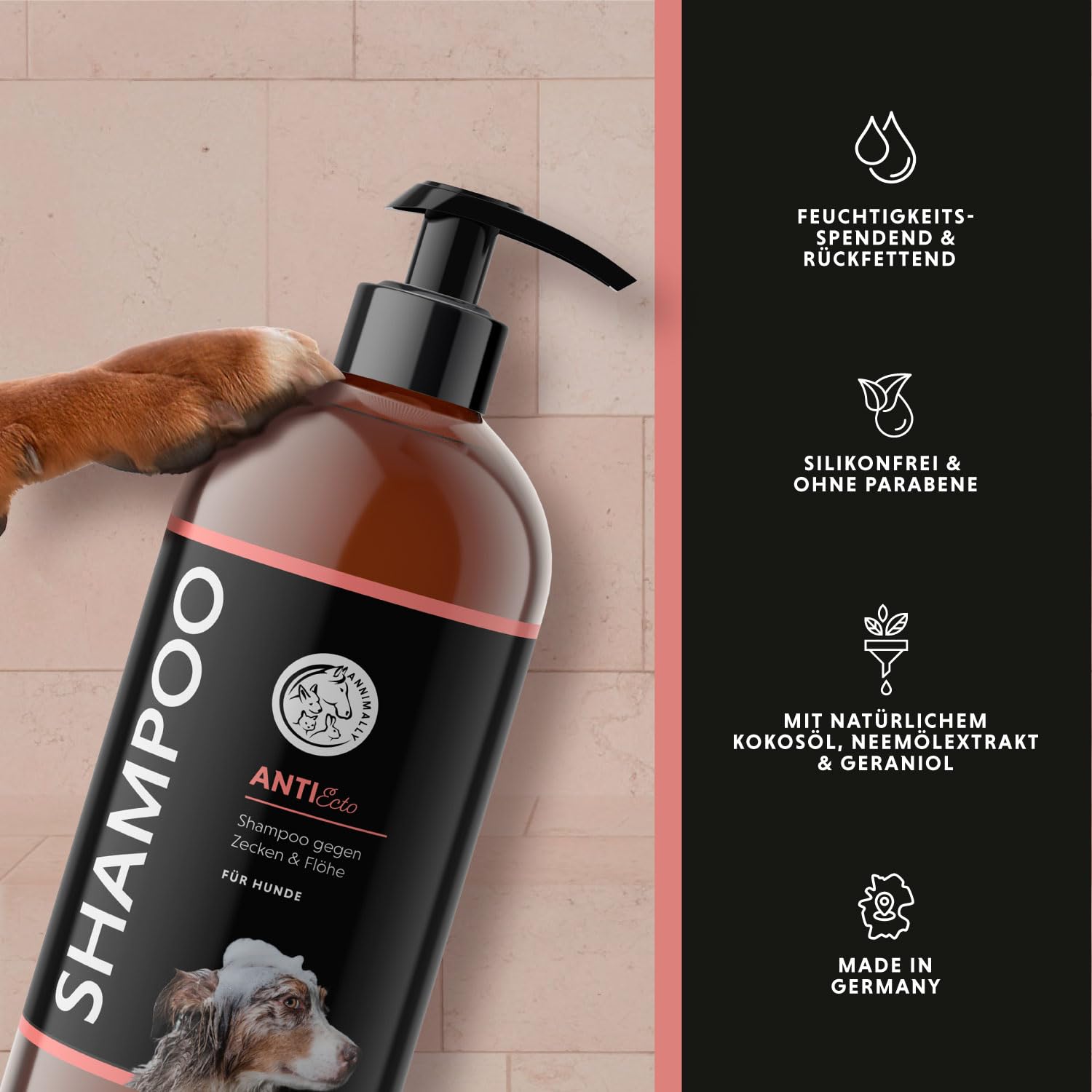 Annimally Anti Zecken und Flohshampoo Hund - Shampoo gegen Zecken, Flöhe & Milben für Hunde - Hundeshampoo mit Neem-Extrakt (500ml)