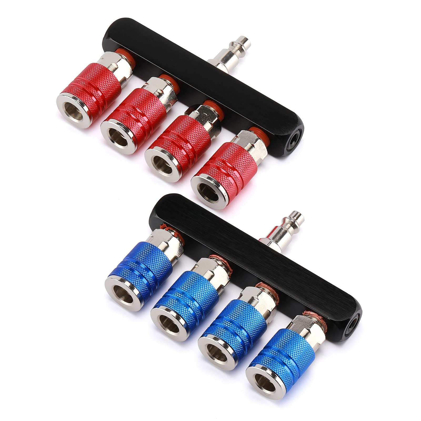 2 x gerader 4-Wege-Luftverteiler, Leitungstyp-Luftkompressor-Verteiler mit 4 Kupplungen und 6,35 mm MNPT-Stecker, 1/4 Zoll NPT Luftarmaturen, Rot und Blau, 2 Stück