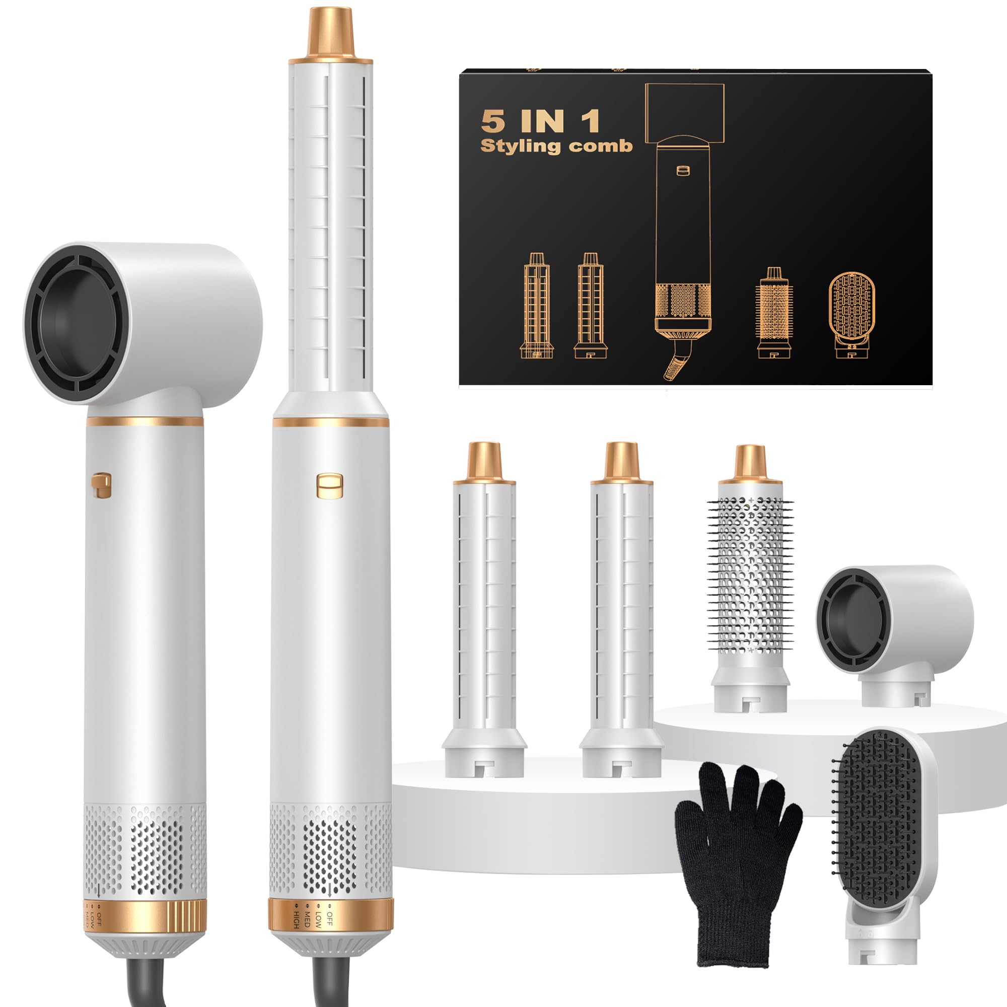 Hairstyler 5 in 1 Hair Styler Set, Haarstyler mit Luft Lockenstab Föhn Thermal Brush Glättbürste, Multistyler Rundbürstenföhn Warmluftbürste Haarstyling Geräte Hair Dryer Geschenk für Frauen