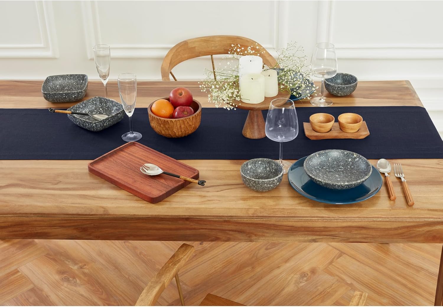 Solino Home Linen Table Runner 90 Inches Long - 100% Pure Linen Navy Blue Table Runner 14 x 90 Inch for Mothers Day, Memorial Day - Medium Weight Hemstitch