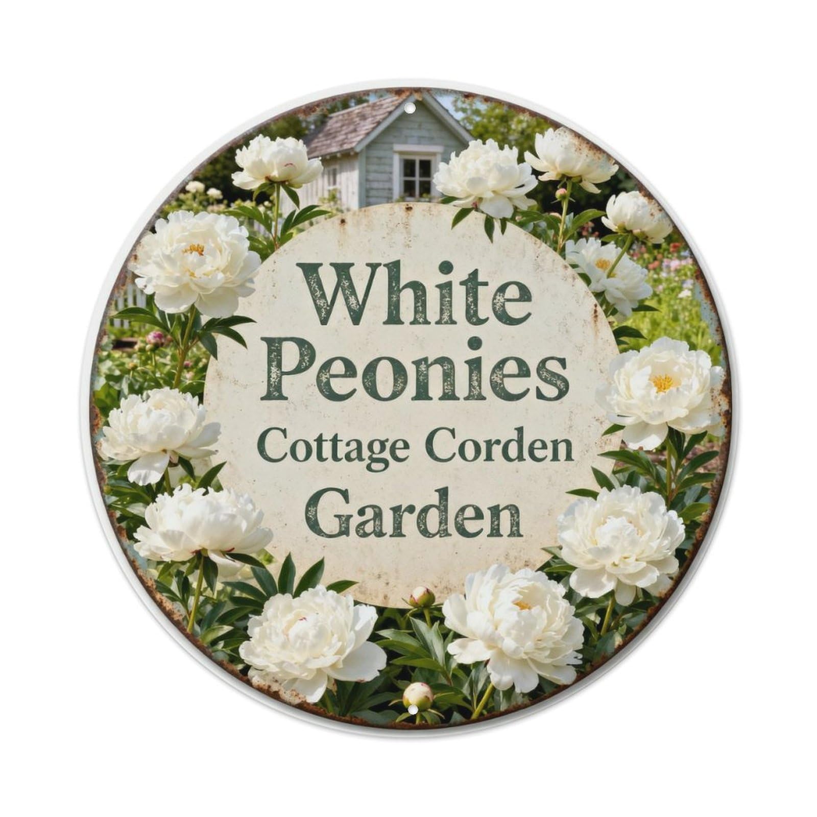 White Peonies Cottage Garden Metal Tin Sign Plaque