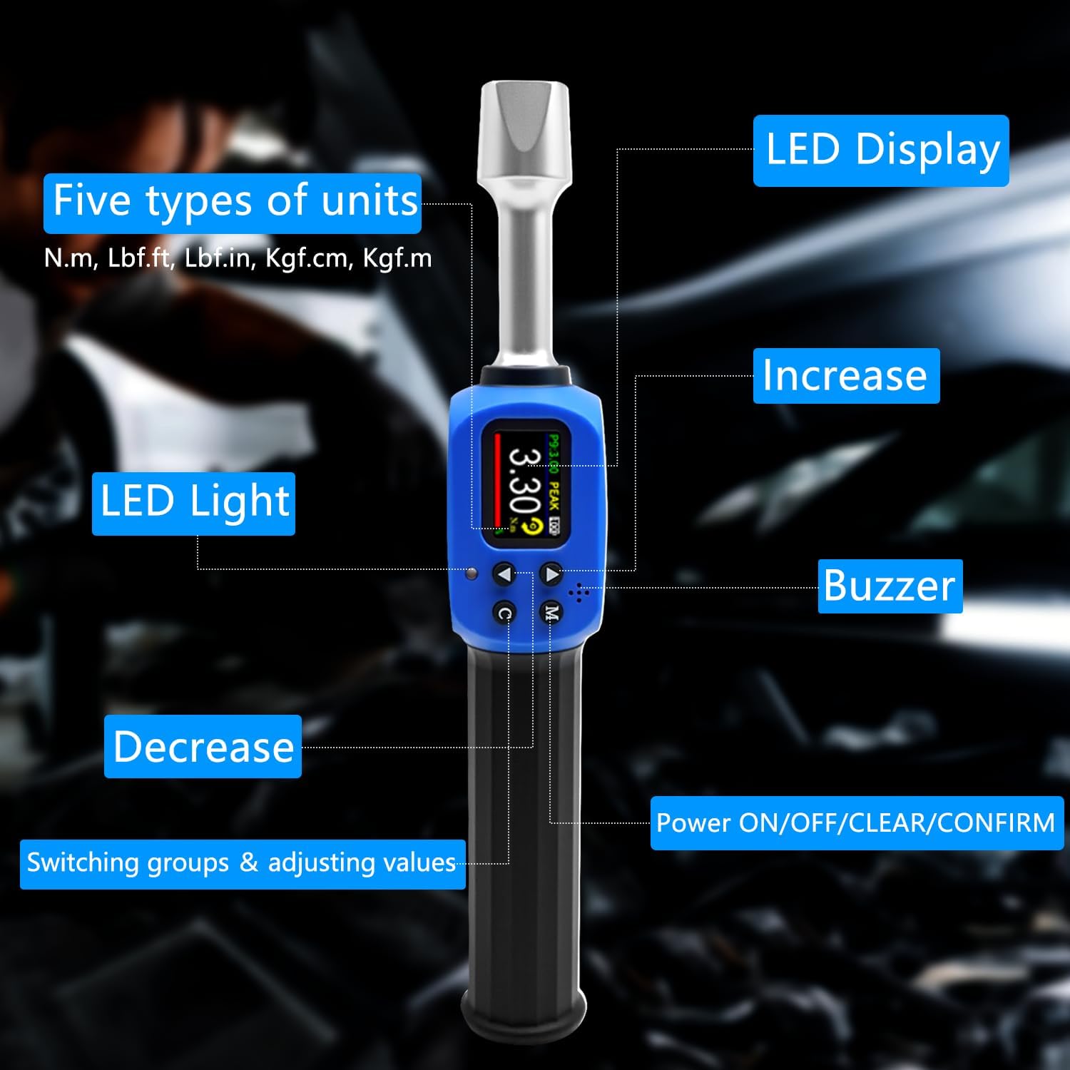 Adjustable Digital Torque Wrench, 5-99.6 Ft-lbs/6.8-135 Nm, Hvac Torque Wrench with 38 mm Adjustable Jaw, 3/8 Drive Ratchet, ±1% Accuracy, Color TFT Screen, Vibration, Buzzer and LED Indicator