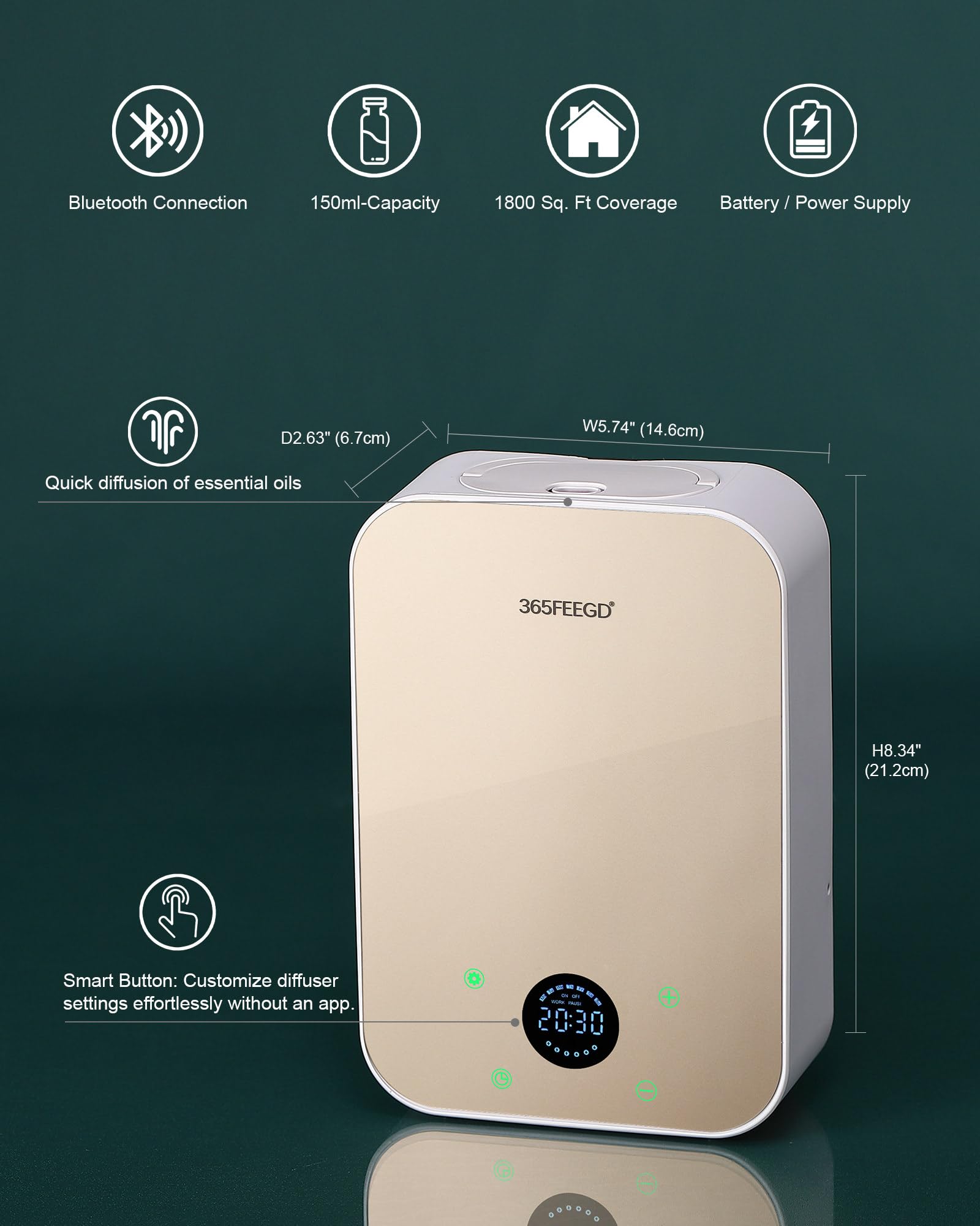 365FEEGD Waterless Essential Oil Diffuser, 150ml Home Smart Portable Bluetooth Diffuser, Battery/Power Powered, Up to 1800 Sq.Ft.