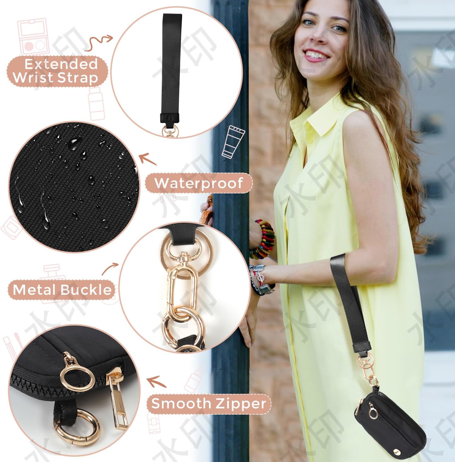 Wristlet Keychain Wallets for Women RFID Blocking Credit Card Holder Small Zipper Coin Purse Change Pouch with ID Window and Detachable Wrist Strap Beige Checkered - Image 5