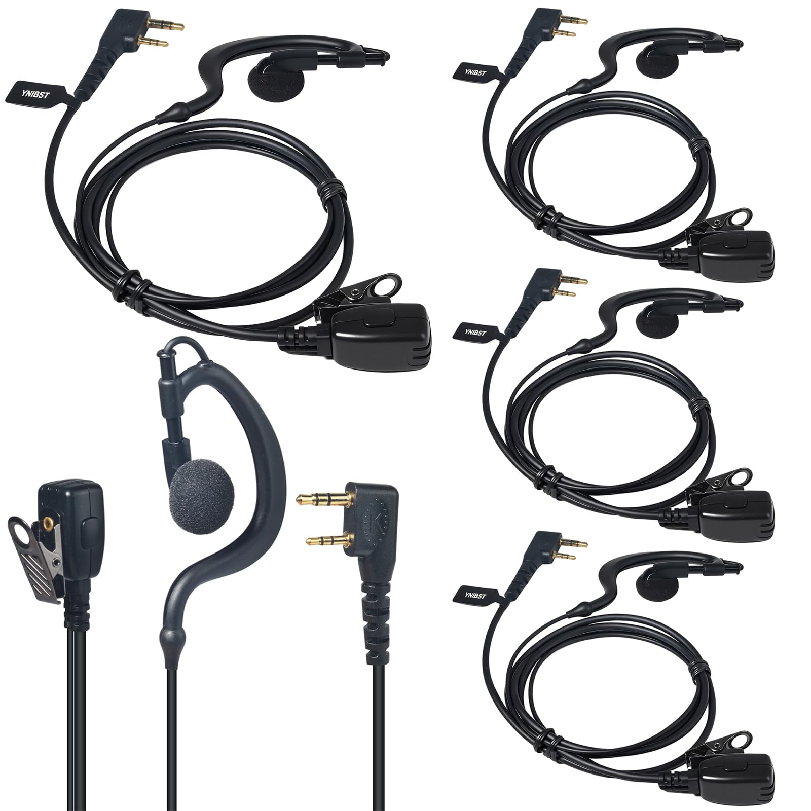 Oreillette pour Talkie Walkie, Écouteur en Forme de G avec Micro PTT, Connecteur 2 Broches Compatible avec Kenwood Baofeng UV-5R, UV-82, BF-888S Radios Bidirectionnelles (Lot de 5)