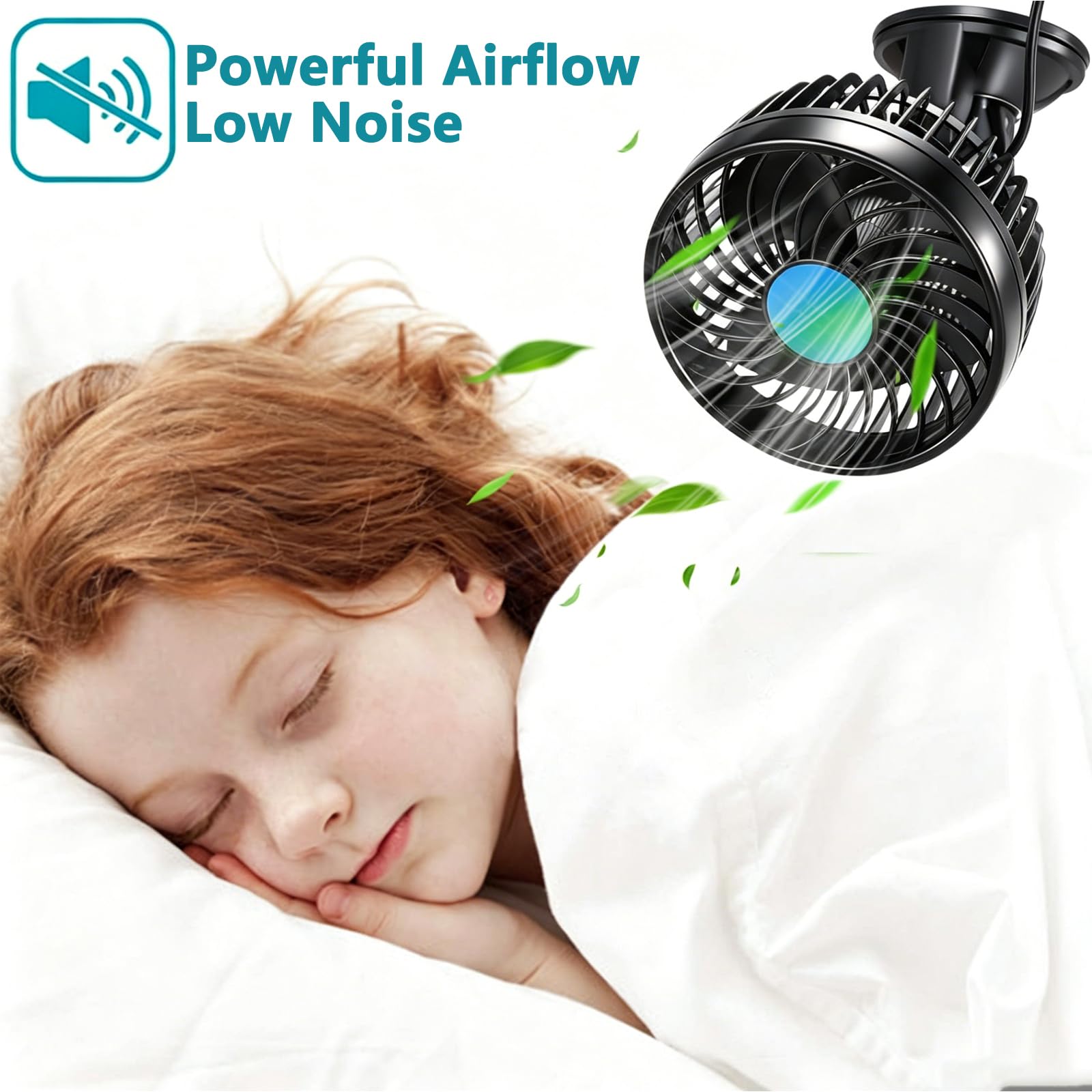 Ventilador Coche 12V con Ventosa, Velocidad Continua, Enfriamiento 360° Ajustable, Ventilador Eléctrico Silencioso 4.5" para Camiones, Furgonetas, SUV, Autocaravanas, ATV y Barcos