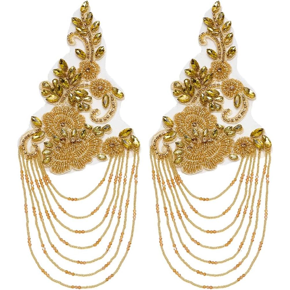 FINGERINSPIRE 1 Paar Strass-Applikation für Kleidung, goldene Schulterklappen, Schulteraufnäher, Nähen, Strass, Perlen, Quaste, Applikation für Hochzeitskleid, DIY-Zubehör
