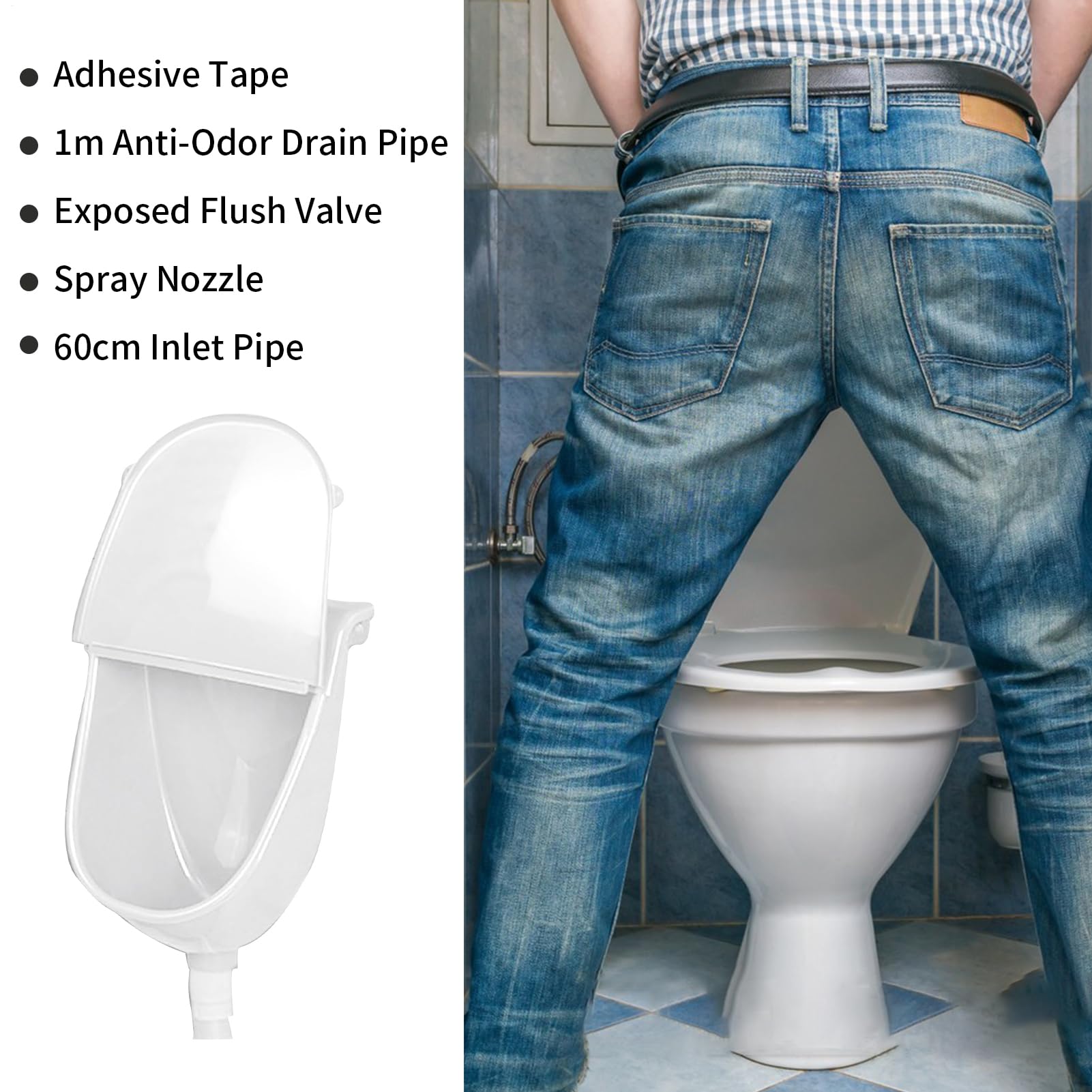 Urinal à montage mural avec couvercle, urinoir de salle de bain avec couverture, étanche, toilette réglable avec tuyau pour dortoir, camping, garage, arrière-cour, maison