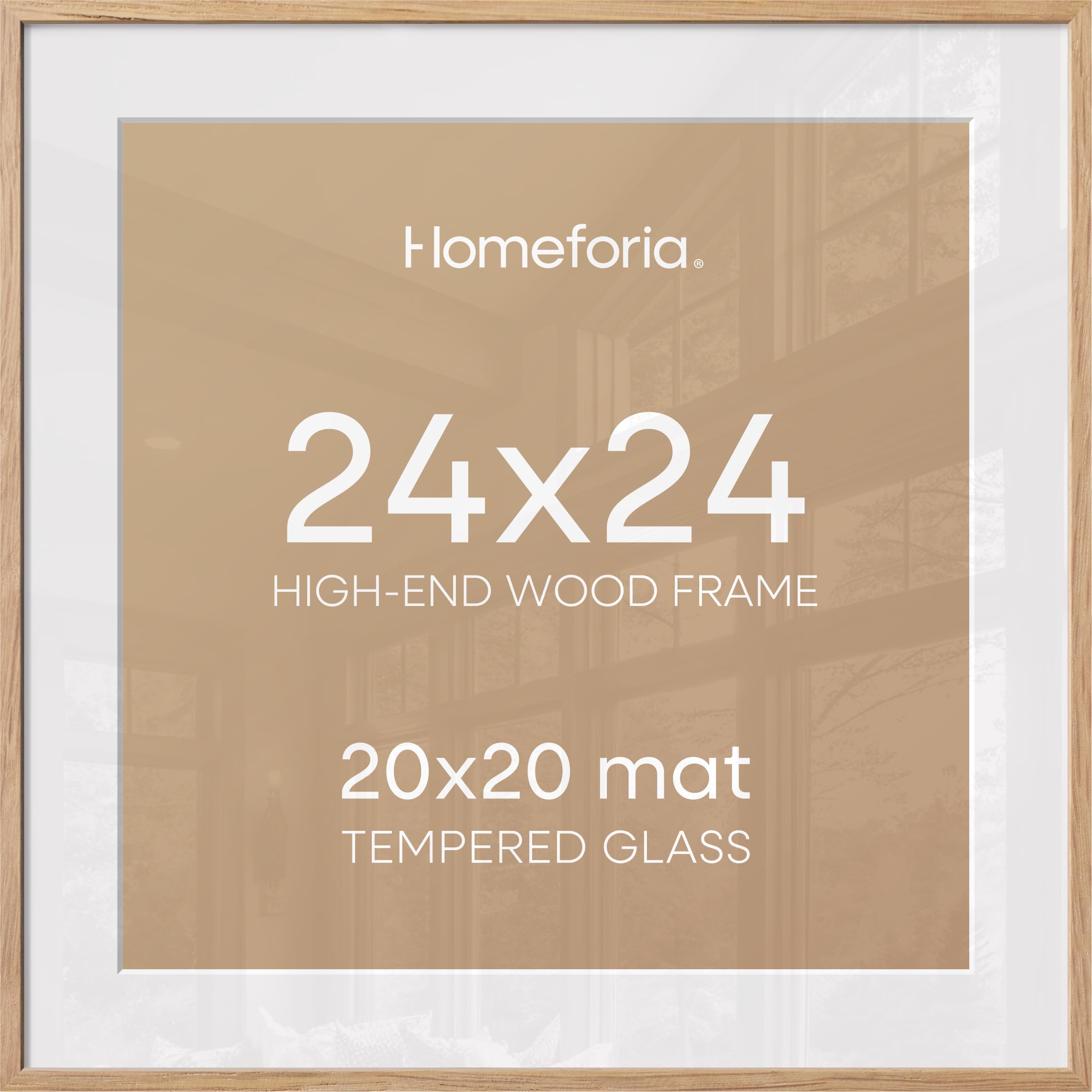 Homeforia 24x24 Wood Picture Frame, High End Natural Oak 24 x 24 Square Light Wooden Poster Frame with Mat 20 by 20 Photo, 24by24 Large Frames Matted to 20x20 Print, Tempered Glass, Wall Kit, Set of 1