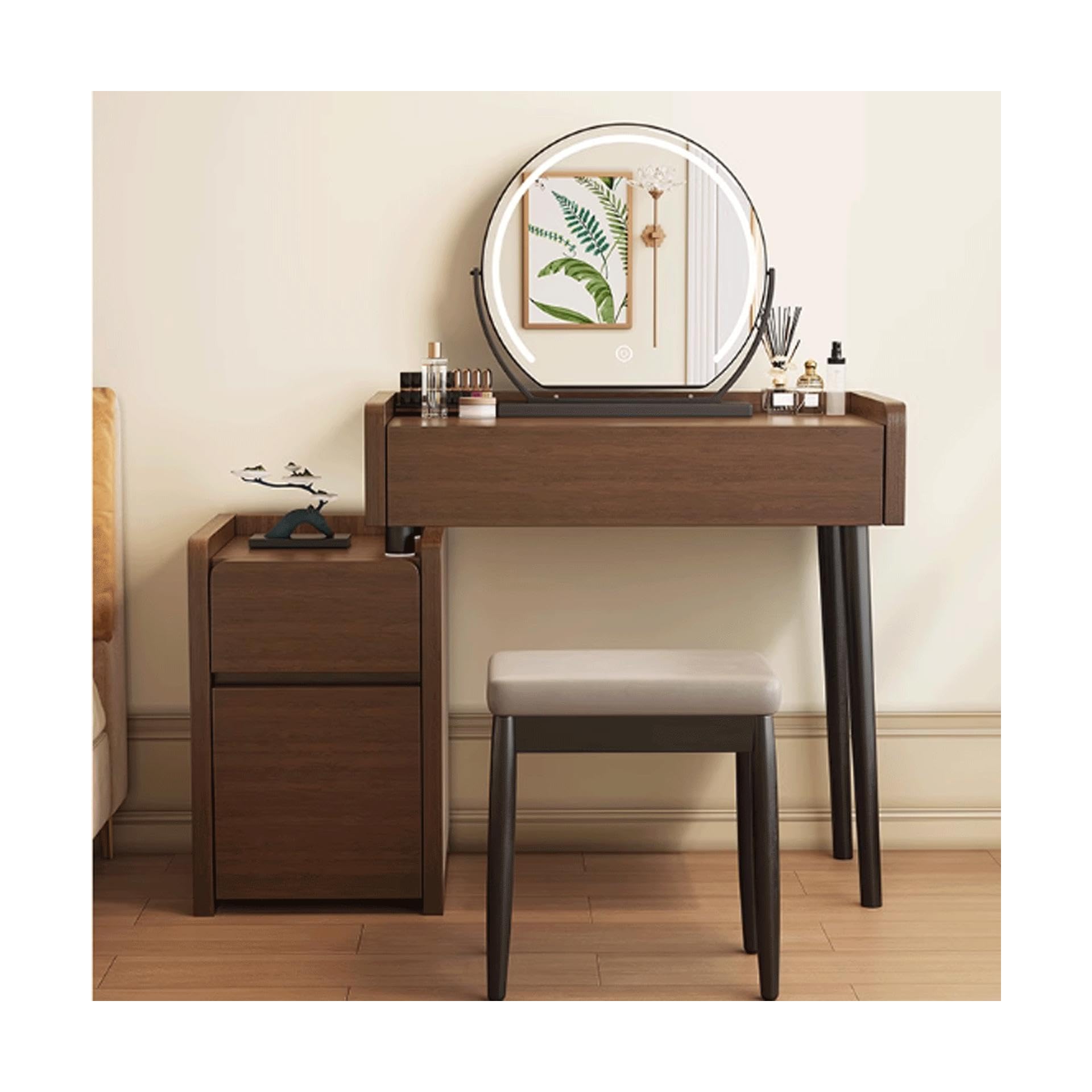 CGCSYZ Solid Wood Vanity Desk with Mirror 4-Drawer Dressing Table with Side Cabinet for Bedroom Stylish Makeup Station and Storage Solution(60cm)