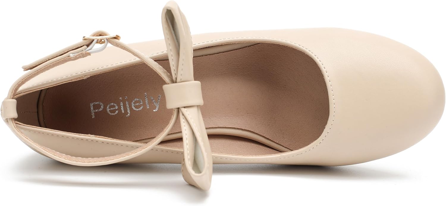 Women's Ankle Strap Pumps, Block Heel, Removable Bow, Closed Round Toe