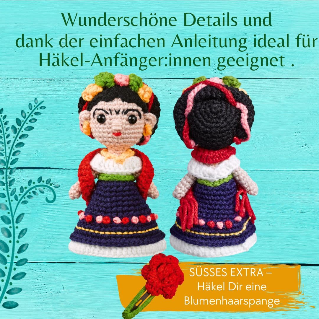 Frida Kahlo Häkelset: Häkelset mit Anleitung und Material für Frida Kahlo und Haarspange zum Selber-Häkeln. Fertiges Modell ca. 14 cm