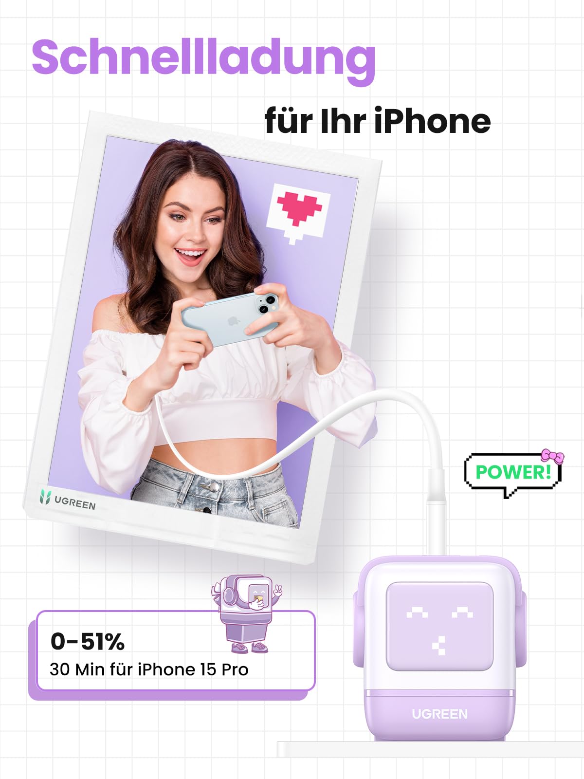 UGREEN UNO USB C Ladegerät, 65W USB C Netzteil 3-Port GaN Schnellladegerät LED Display kompatibel mit MacBook Pro/Air, iPad, iPhone 17 Pro Max, 16, Galaxy S25 Ultra, Steam Deck (Lila)