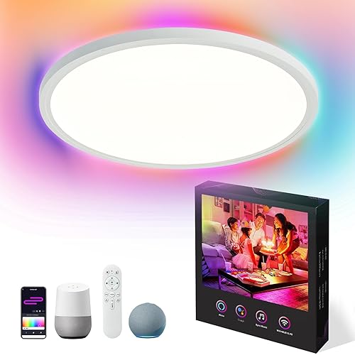 16 Inch Smart Ceiling Light RGB Compatible with Alexa, Remote Control, WiFi and Tuya App - Color Changing Low Profile Dimmable LED Flush Mount Light Fixture for Bedroom, Living Room, White