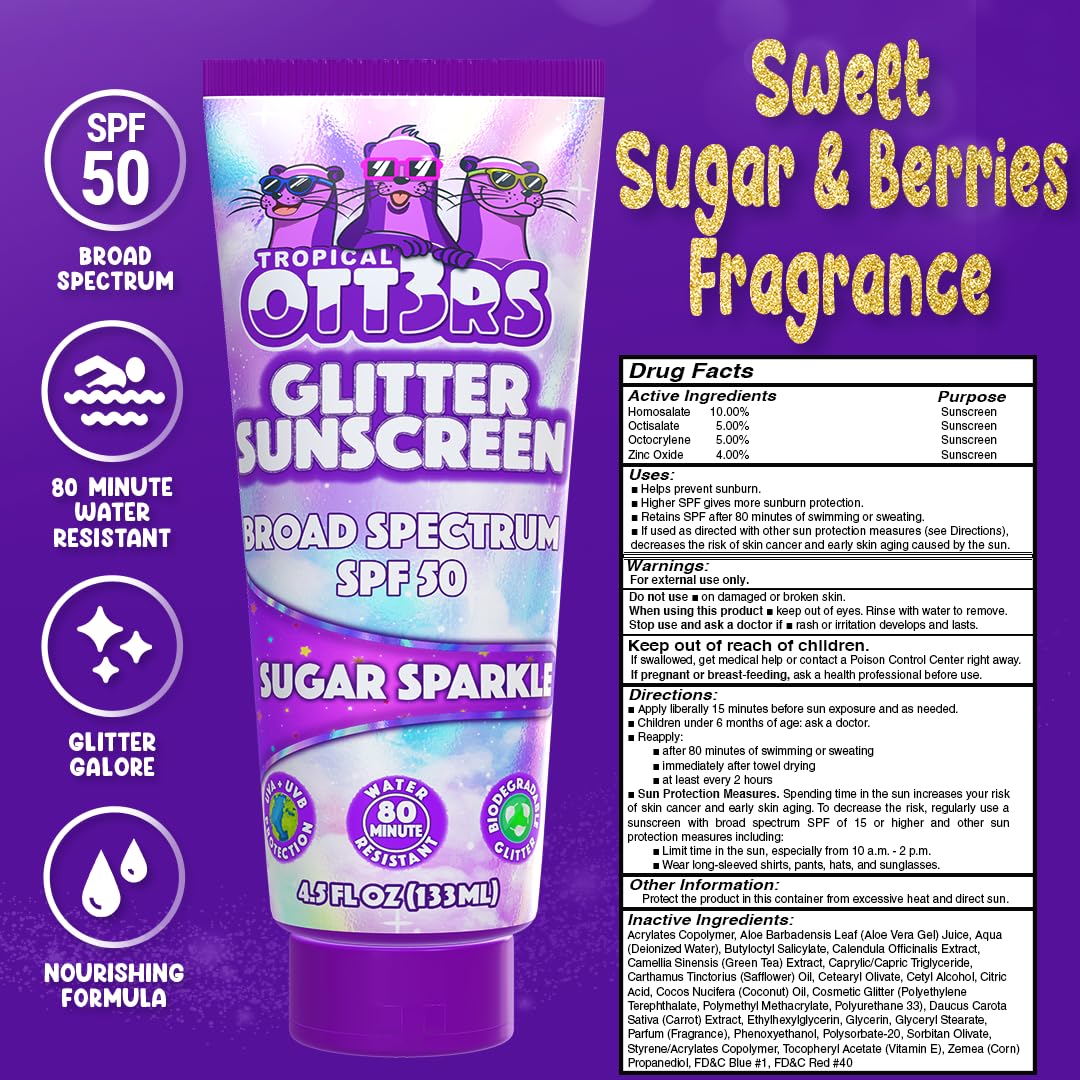 Glitter Sunscreen SPF 50 Lotion 4.5oz - Sparkle & Shimmer Sunscreen - Colored Sun screen for Kids & Women - UVA/UVB Sunshine Protection + 80 Min Water Resistant - (No Fragrance) (USA Made)