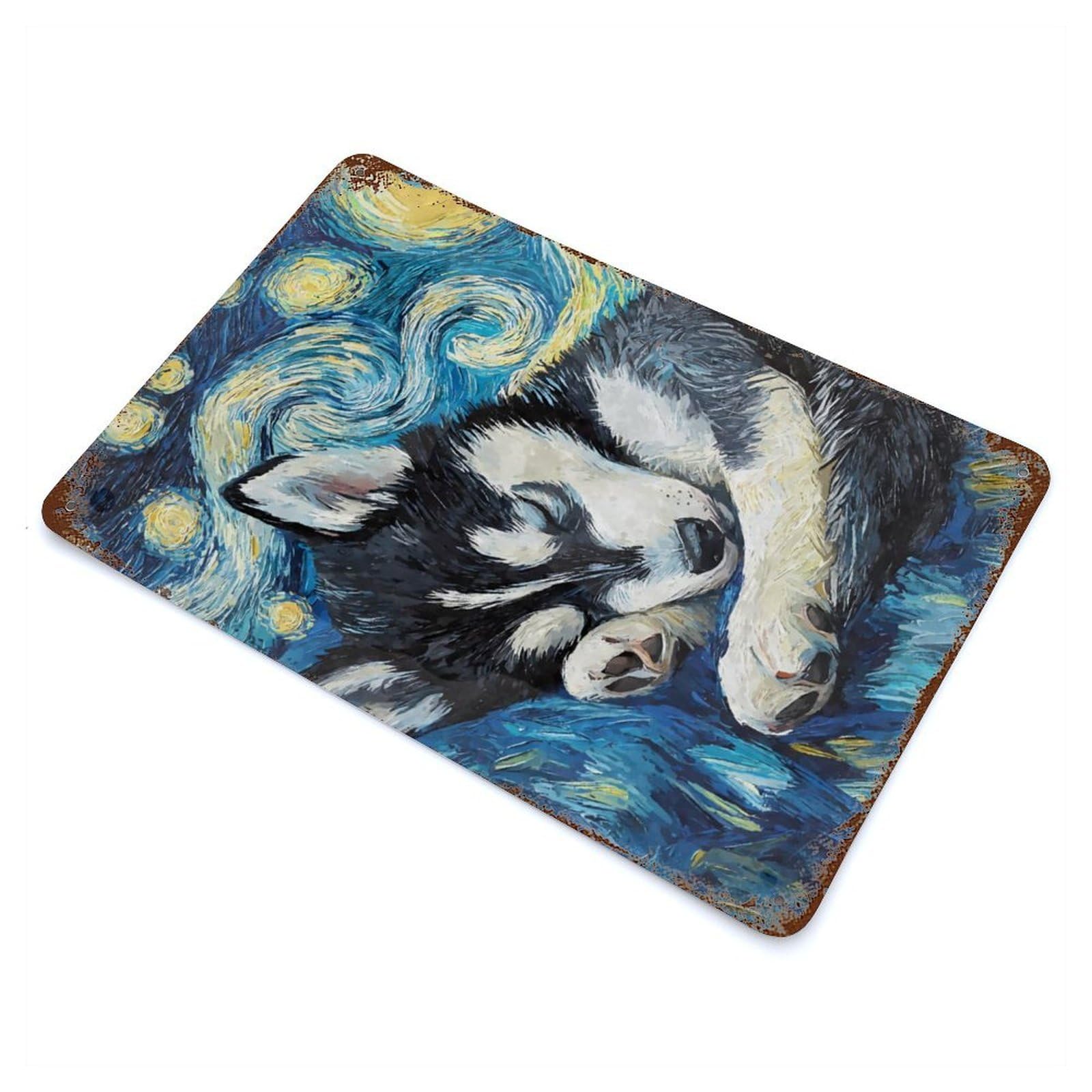 Garage Style Husky Puppy Starry Night Rusty Metal Tin Sign 11.8"x7.9", Farmhouse Wall Decor for Bar And Workshop
