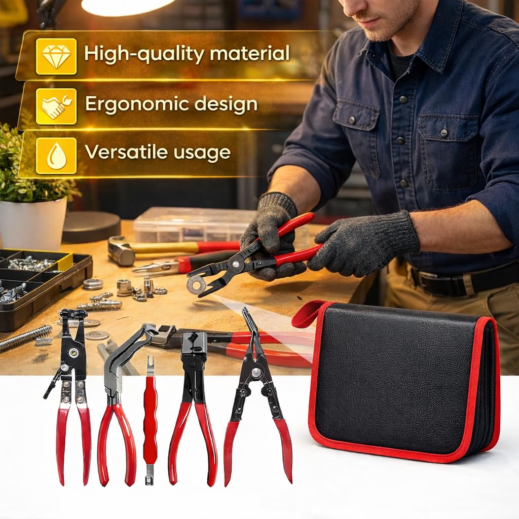 Kit de 5 alicates de desconexión eléctrica automotriz con estuche de almacenamiento de cuero, separador de conectores de acero de alto carbono, abrazadera de manguera y herramientas de extracción de