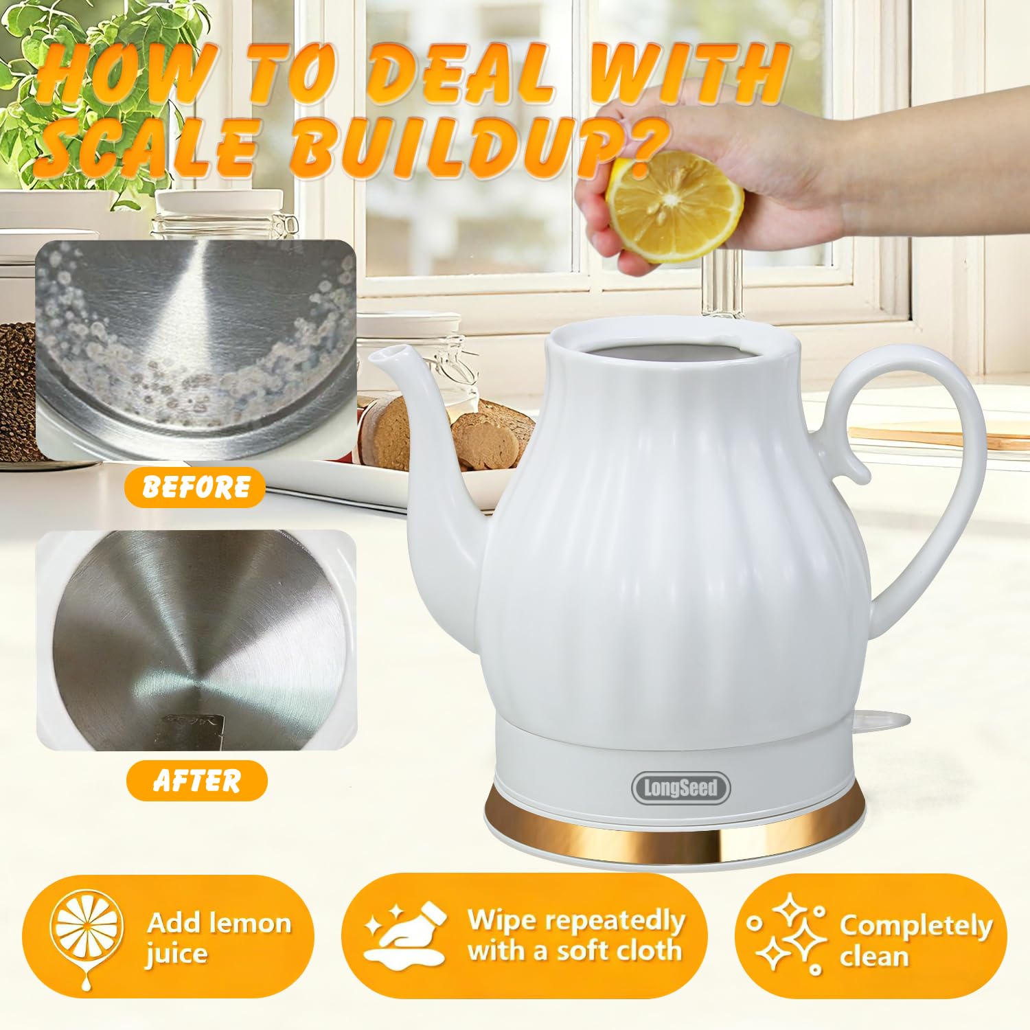 Ceramic Electric Kettle, 1.5 Liters/1200W Electric Tea Kettle, Heats Water Quickly, Automatic Shut - off, Boil - Dry Protection, Free Of BPA, Matte White