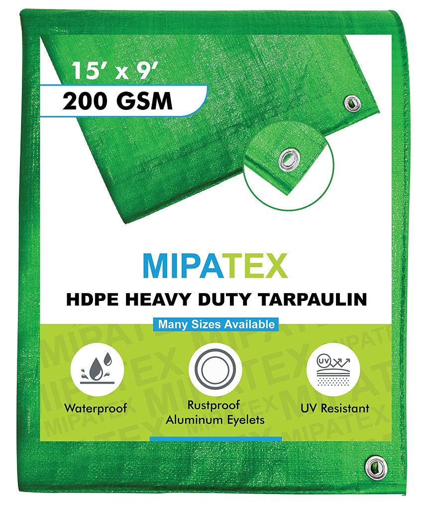 Mipatex Tarpaulin Sheet Waterproof Heavy Duty 15ft x 9ft, Poly Tarp with Aluminium Eyelets Every 3 feet - Multipurpose 200 GSM Plastic Cover for Truck, Home Roof, Rain, Outdoor or Sun (Green/White) (B084115XFX) Amazon Price History, Amazon Price Tracker