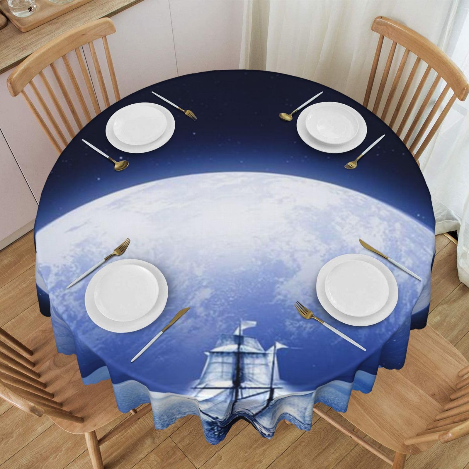 DCEHGEW 60 In Round Tablecloth with Lace, Nautical White Ship Printed Oilproof & Washable Fabric Picnic Table Cloth Table Covers