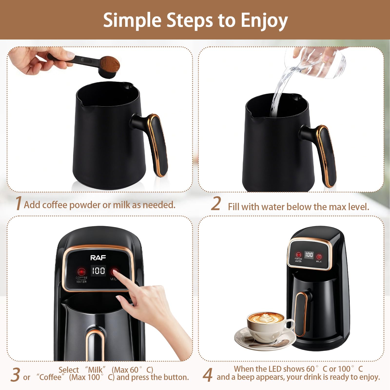 Automatische Elektrische Türkische Kaffeemaschine, 600W Kaffeepott mit Dual-Heizsystem, Smart Bedienung für Kaffee, Wasser & Milch, 300ml Kapazität für 4 Tassen, Anti Trockenlauf