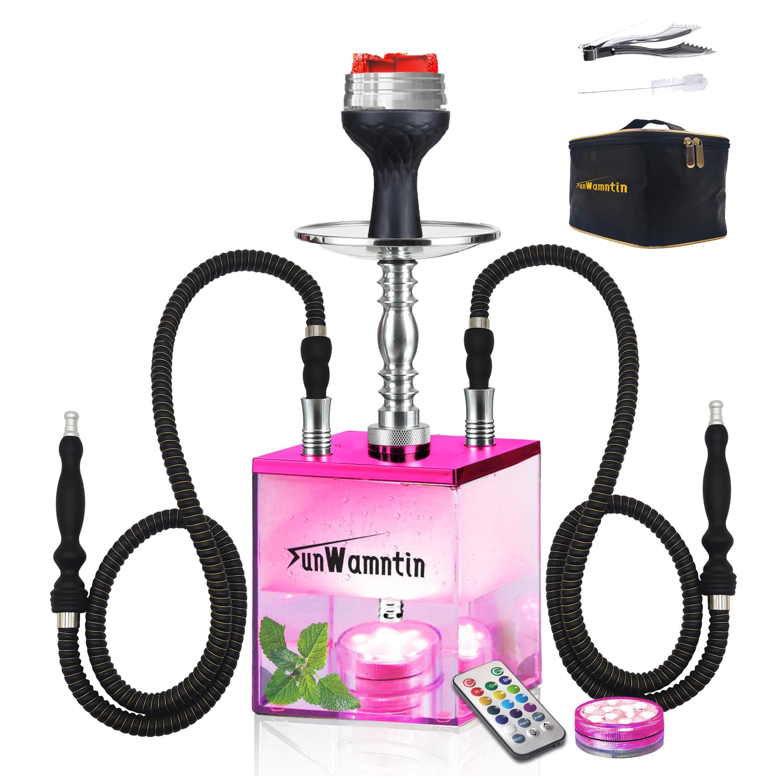 2 Hose Large Hookah – Square Large Cloud Production Hookah Set with Everything, Travel Shisha Kit with LED Base, Cleaning Brush and Portable Bag（Pink）