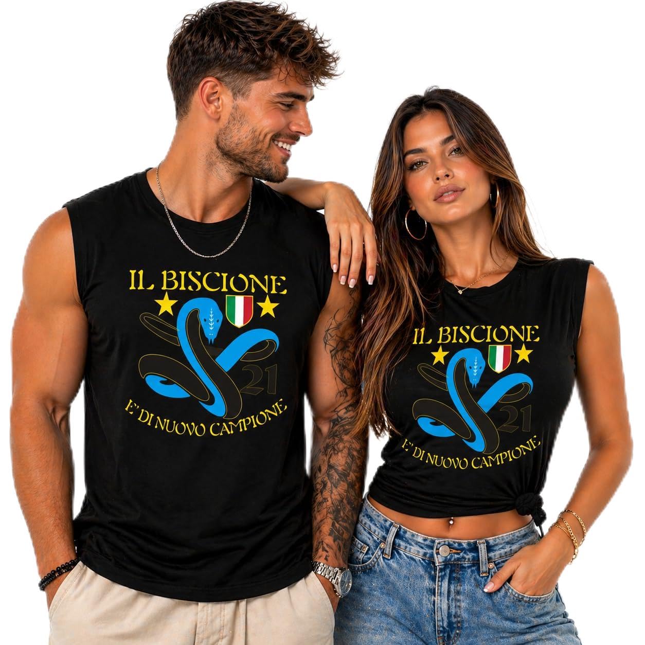 T-Shirt Smanicata Internazionale Campione d'Italia Seconda Stella 21 Scudetti Il Biscione e' di Nuovo Campione | Canotta Cotone Scudetto Neroazzurro PS 29999-INT02
