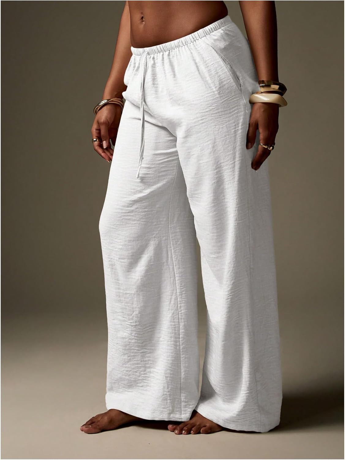 Women's Wide Leg Casual Pants Drawstring Waist Low Rise Boho Trousers Beach Resort Outfit with Pockets - Image 2