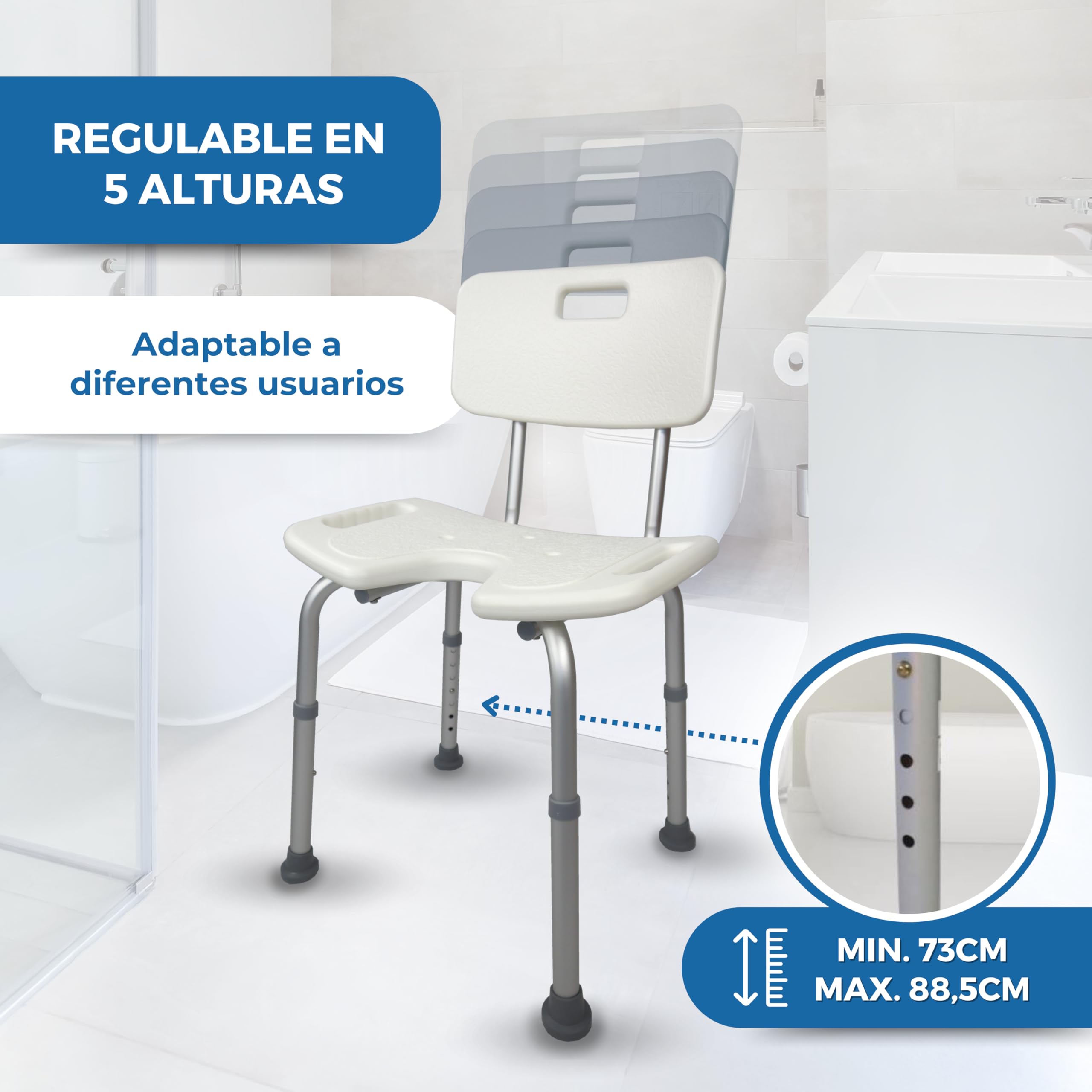 Mobiclinic, Silla de baño, Marisma, Taburete Ducha, Marca española, Asiento en u, Ortopédica, Altura Regulable, con Respaldo, Conteras Antideslizantes, para Personas Mayores, Movilidad Reducida