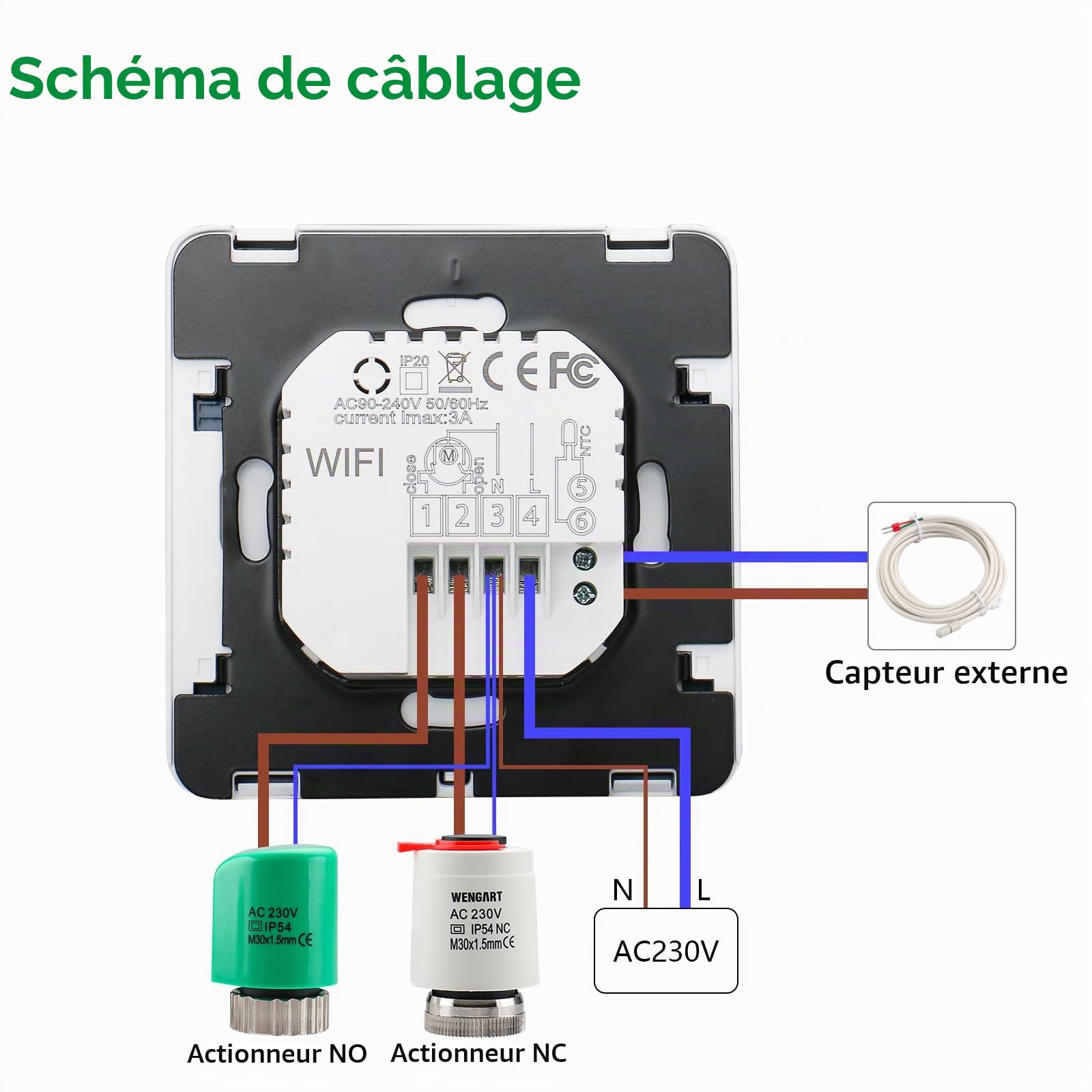 Wengart Thermostat WiFi Connecté pour Chauffage au Sol à Eau (3A) Mode Réversible Chaud/Froid Compatible App Tuya, Alexa & Google Home Sortie 230V Adapté pour Boîte d'Encastrement Ronde 60mm