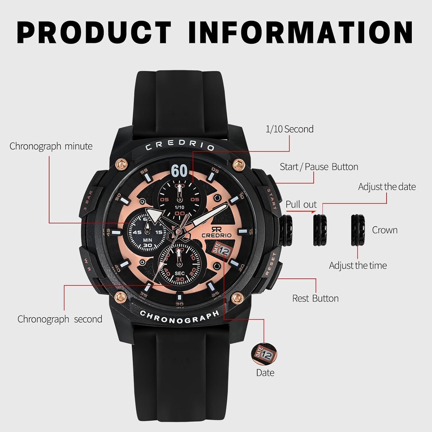 Men's Fashion Watch Silicon Band Business Quartz Watches Luxury Waterproof Luminous Analog Display with Date Chronograph Multifunctional Watch