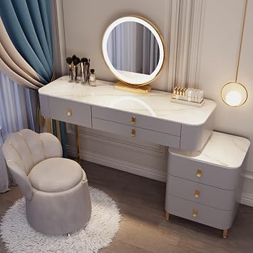 Vanity Desk, Makeup Vanity with Padded Stool, Dressing Table with LED Lighted Mirror and Side Table, Makeup Table with 3 DrawersGrayC,120cm/47.2in