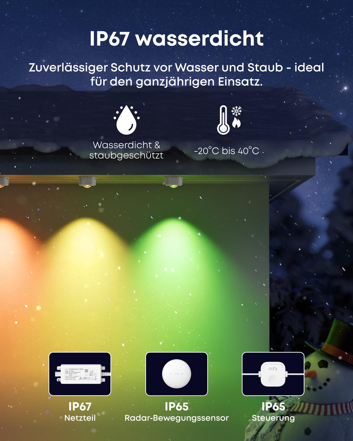 eufy Festinstallierte Outdoor-Lichterkette S4 – 30 m mit 72 LEDs, Radaraktivierte Beleuchtung, IP67 wasserdicht, KI-Stimmungslicht, Steuerung mit eufy-Kameras, Smart-RGBWW für Alltag & Feiertage
