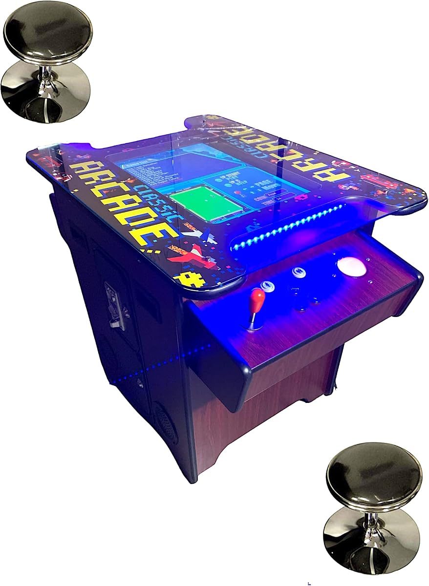 Full Size Commercial Grade Cocktail Arcade Machine 2 Player Upgraded Trackballs 412 Games 22" LCD Screen Tempered Glass 2 Stools Included 5 Year Warranty Dark Wood