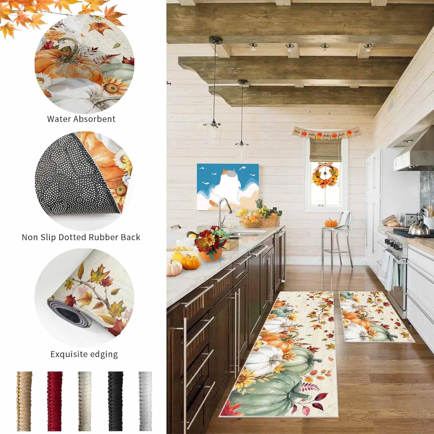 Thanksgiving Fall Kitchen Rug Runner, Non Slip Door Mat, Maple Leaf Pumpkins Green Orange Kitchen Floor Mats Area Rug for Living Room Bath Doormat Indoor Carpet Set (20x31.5IN+20x63IN)