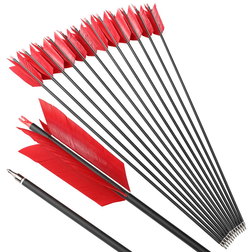 Lot de 12 flèches Flu-Flu en Carbone de 30 Pouces avec 4 Plumes de dindon, 12 Pointes de flèche, rigidité 500 Spine, flèches de Chasse et de tir pour tir à l’Arc, Arc à poulies & Arc Classique