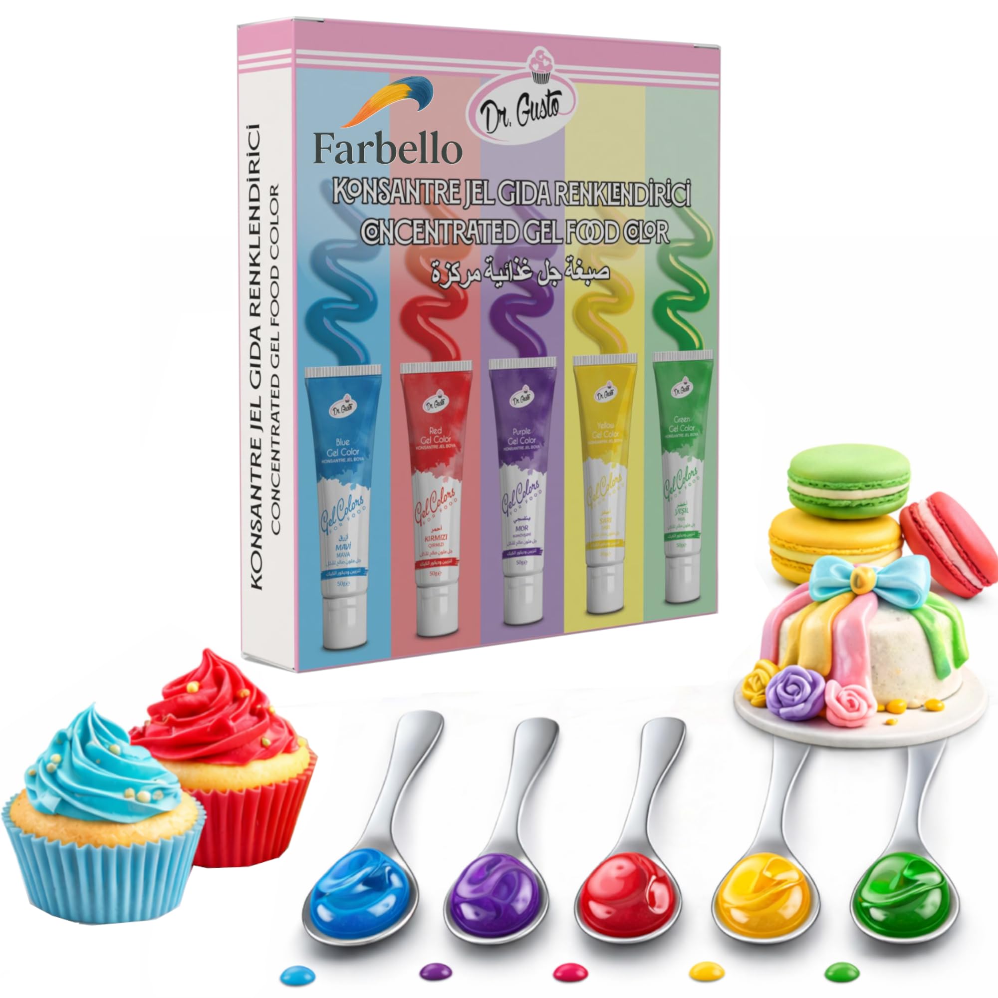 Farbello Colorante Alimentare in Gel Concentrato – 5 × 50 ml | Coloranti Alimentari in Gel Altamente Pigmentati per Torte, Creme, Fondant e Pasticceria | Senza Glutine, Qualità Professionale