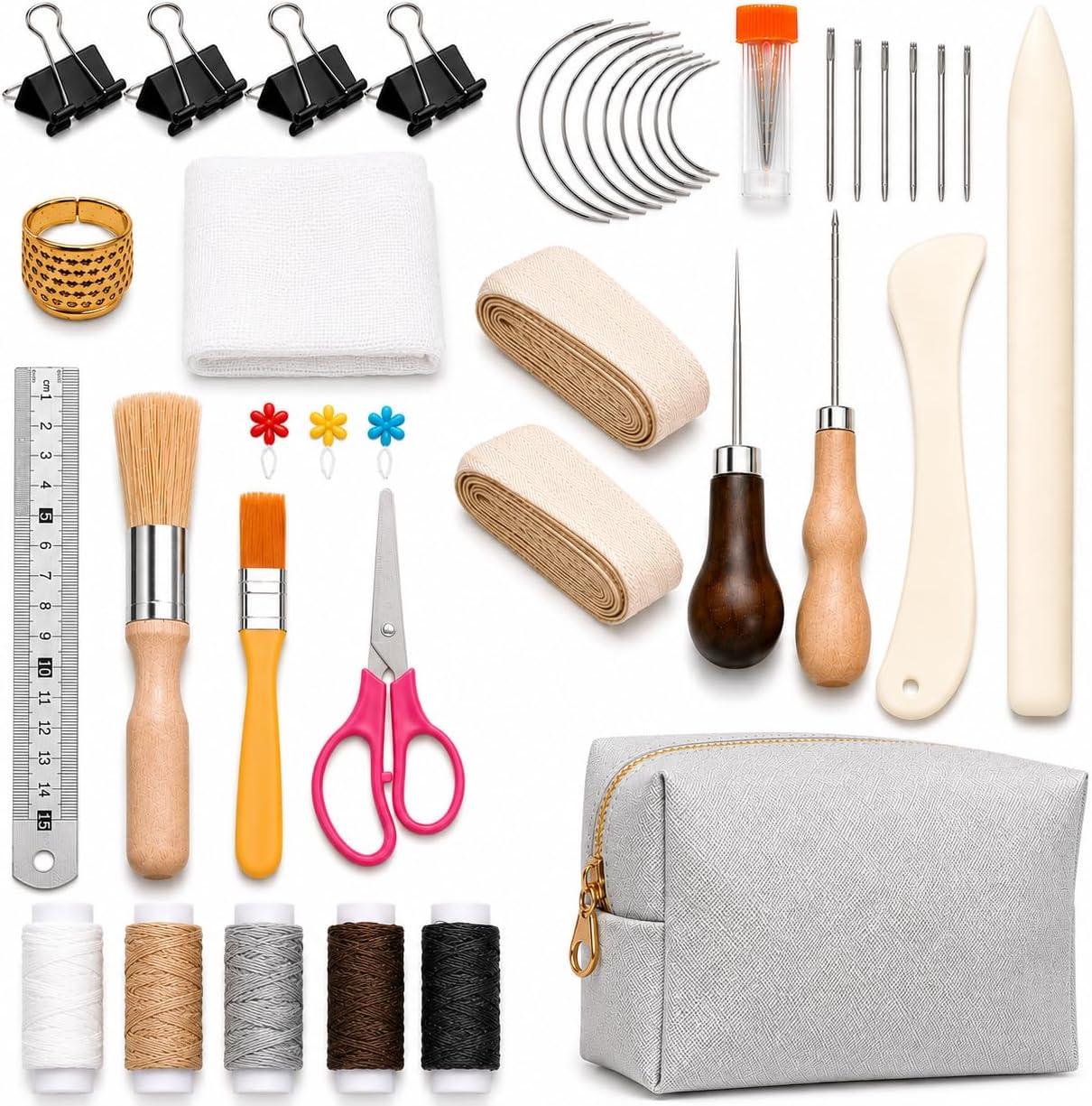 Bookbinding Kit for Beginners, 49 PCS Book Binding Supplies with Bone Folders, Paper Awl, Needles, Waxed Thread, Ribbon, Glue Brush and Steel Ruler for DIY Journal Making