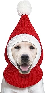 Christmas Dog Knitted Hat, Dog Winter Hat, Dog Ear Muffs for Cold, Dog Crocheted Snood Headwear, Neck Ear Warmer Headband Protector, Funny Pet Cap with Pompon (Large)