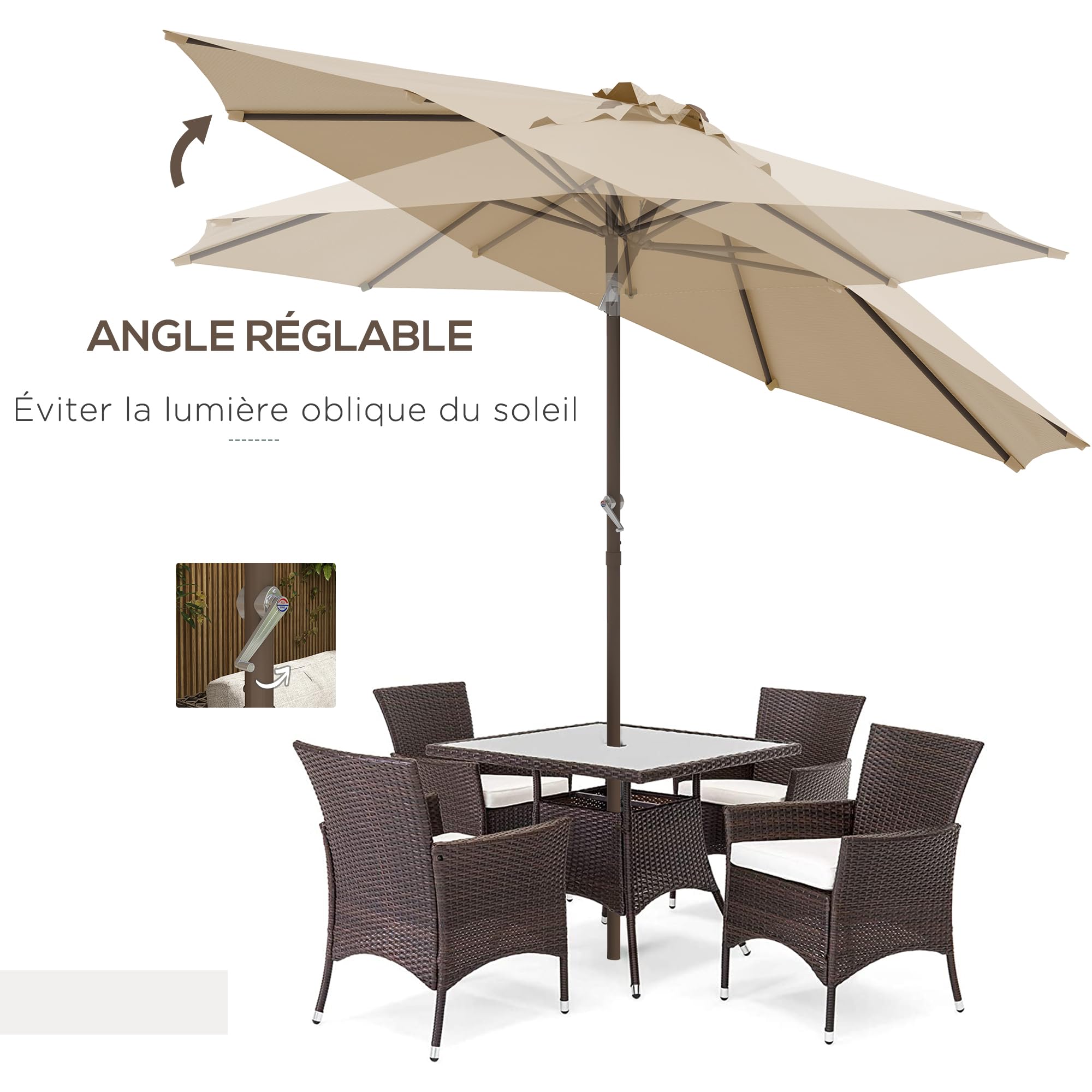 Outsunny Parasol de Jardin Parasol Droit Rond en Métal Ø 2,63 m Beige