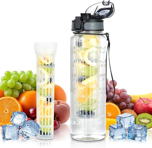 OTraki Botella de Agua 1 Litro Sin BPA, Botella Deportiva De Tritan Con Infusor, Prueba De Fugas, Cierre Seguridad, Ideal Para Niños, Gimnasio, Actividades Al Aire Libre, Escuela Y Oficina, Negra
