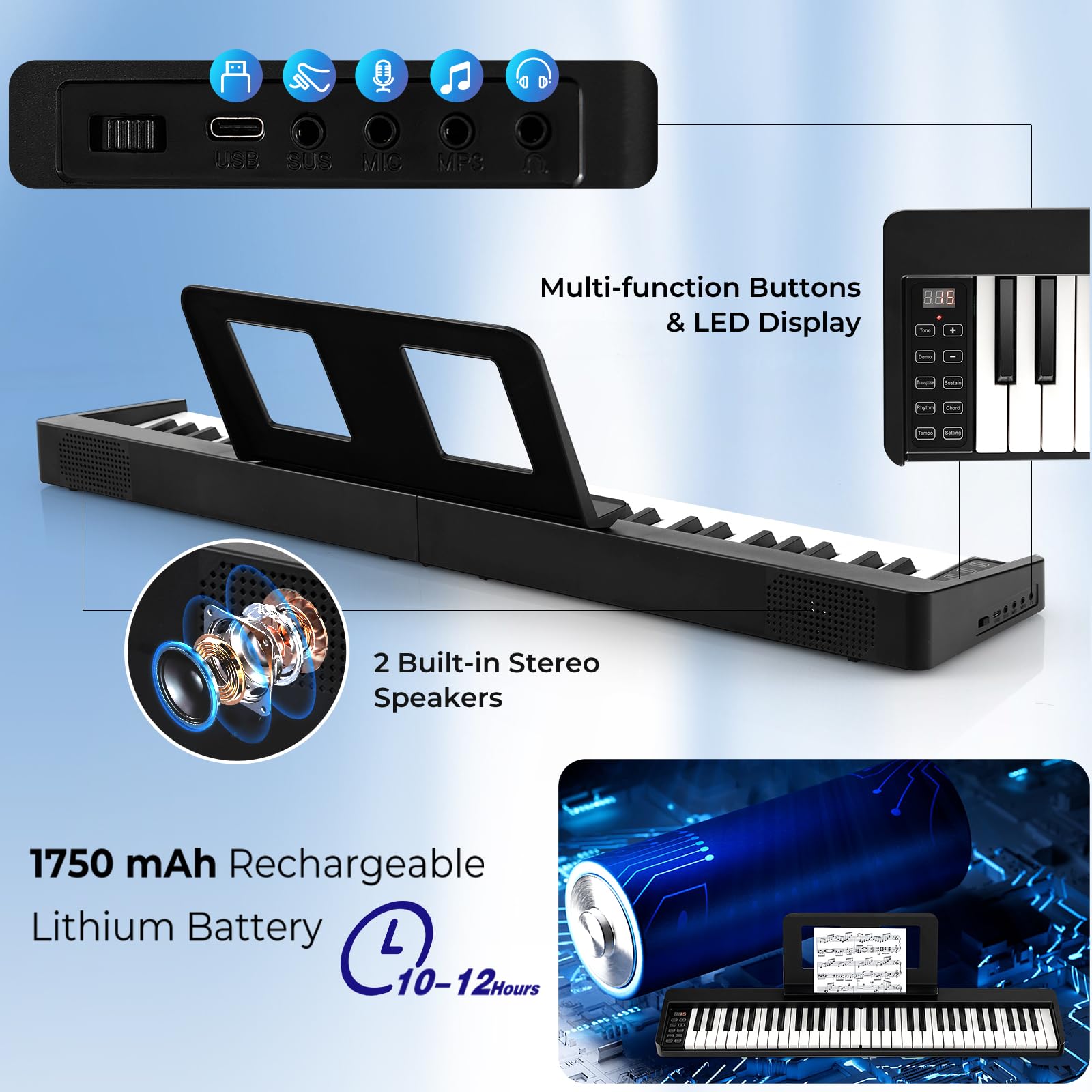 KOMFOTTEU Pianoforte Digitale 61 Tasti Pieghevole con Display LED & Bluetooth, Tastiera Elettronica Multifunzionale per Principianti, Pianola Facile da Trasportare con Borsa per Pianoforte