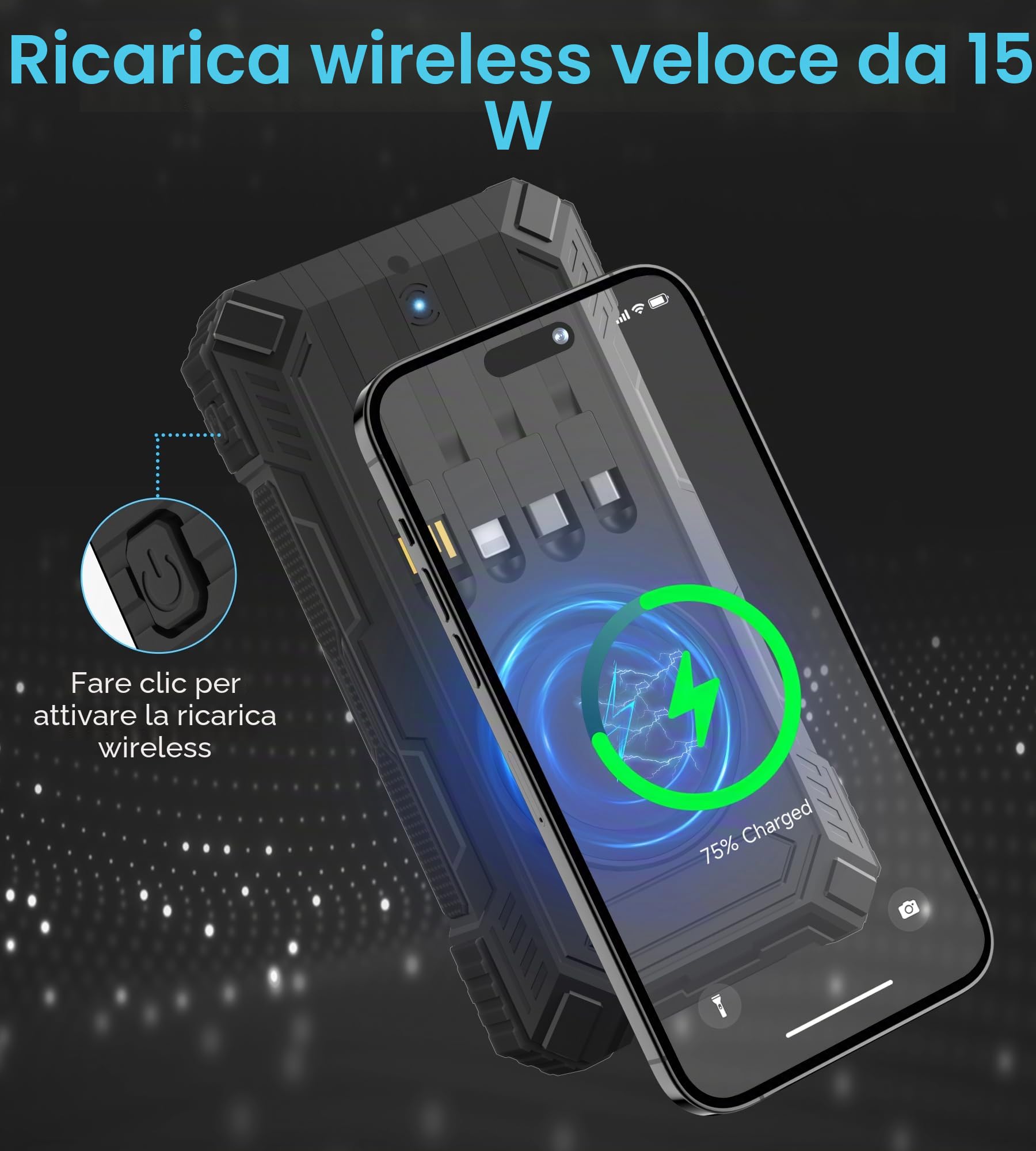 Power Bank Solare 56800mAh: 30W PD 3.0 A USB C Powerbank Ricarica Rapida con 4 Cavi, 6 Uscita & 4 Ingresso, 15W Ricarica Wireless, Spie luminose a LED, Torcia, Caricatore Portatile con Smartphones