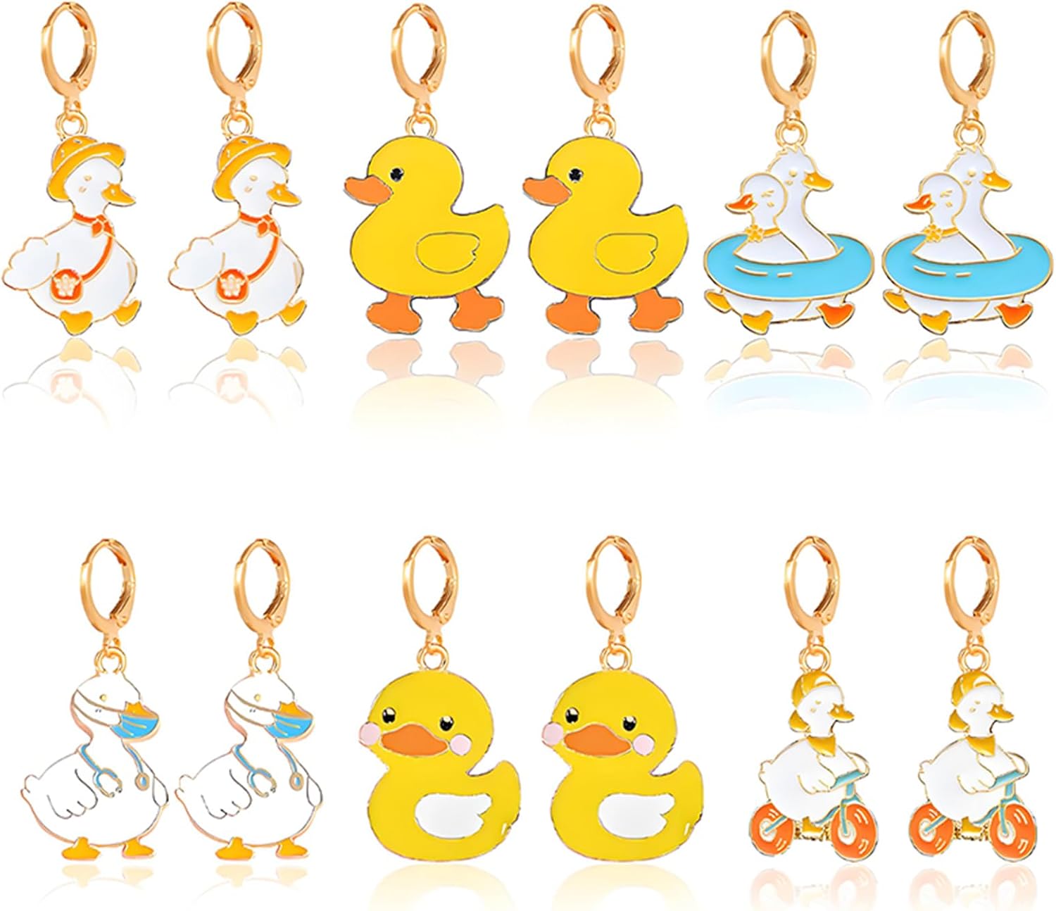 Cute Duck Dangle Earring Set for Women 6 Pairs Dainty Gold Plated Yellow White Enamel Hoop Earrings Funny Cartoon Animal Design Fashion Jewelry Gifts