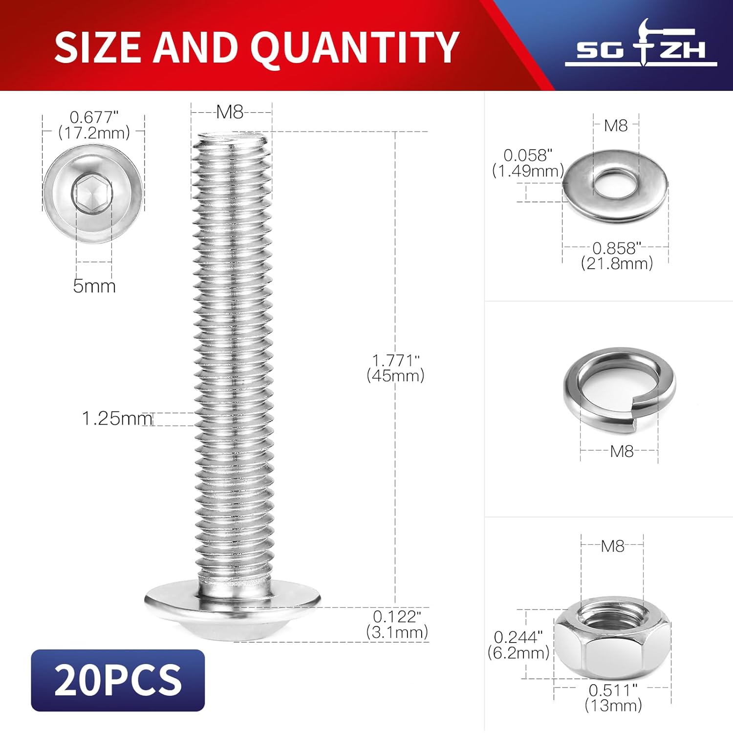 M8 x 45mm Flanged Button Head Socket Cap Screws Bolts, Nuts, Flat & Lock Washers, 20Pcs 18-8 (304) Stainless Steel, Bright Finish, Fully Threaded, by SG TZH (with Hex Spanner)