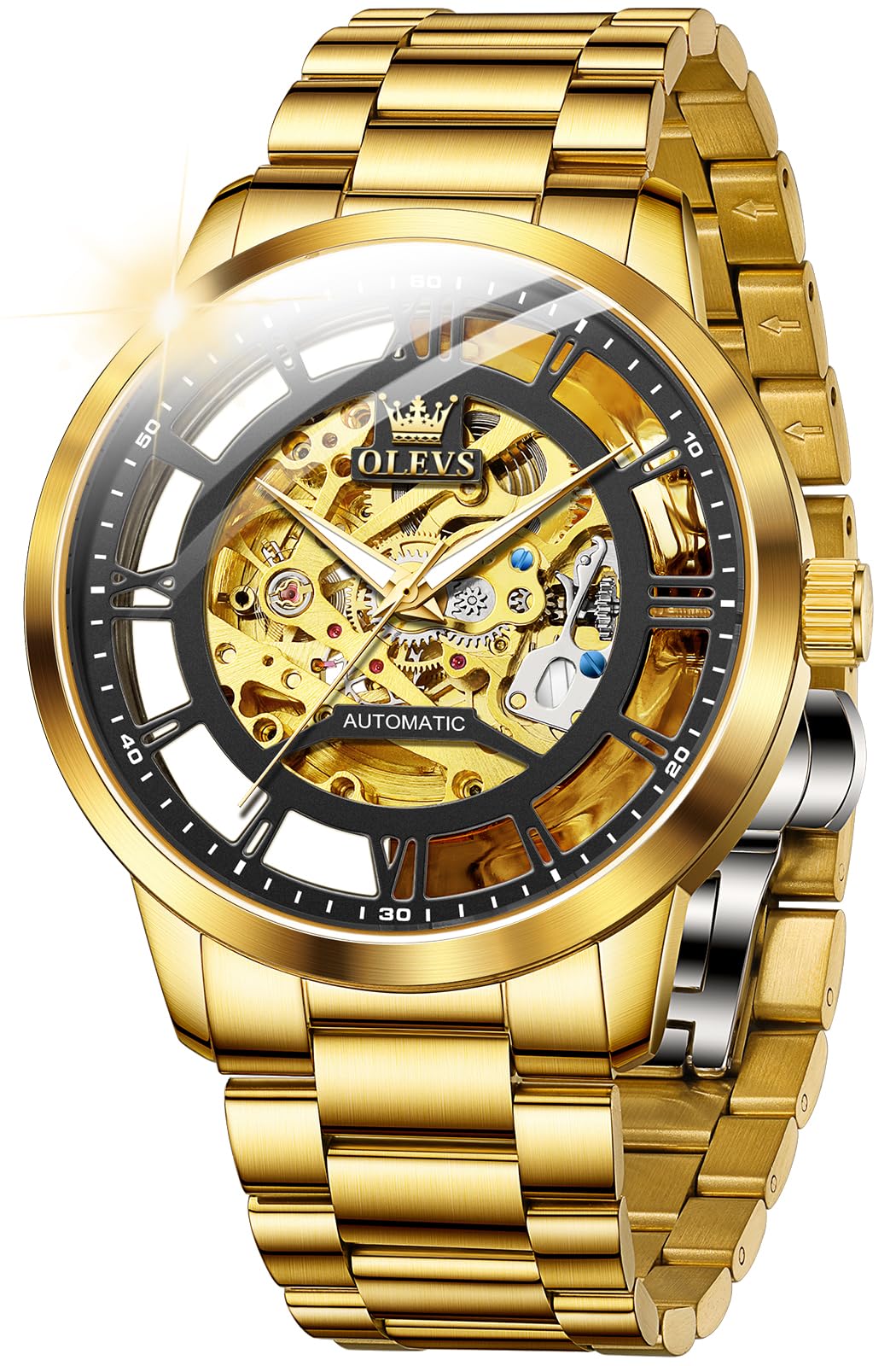 OLEVS Mens Automatic Watch Skeleton Diamond Luxury Mechanical Self Winding Dress Wrist Watch Waterproof Luminous